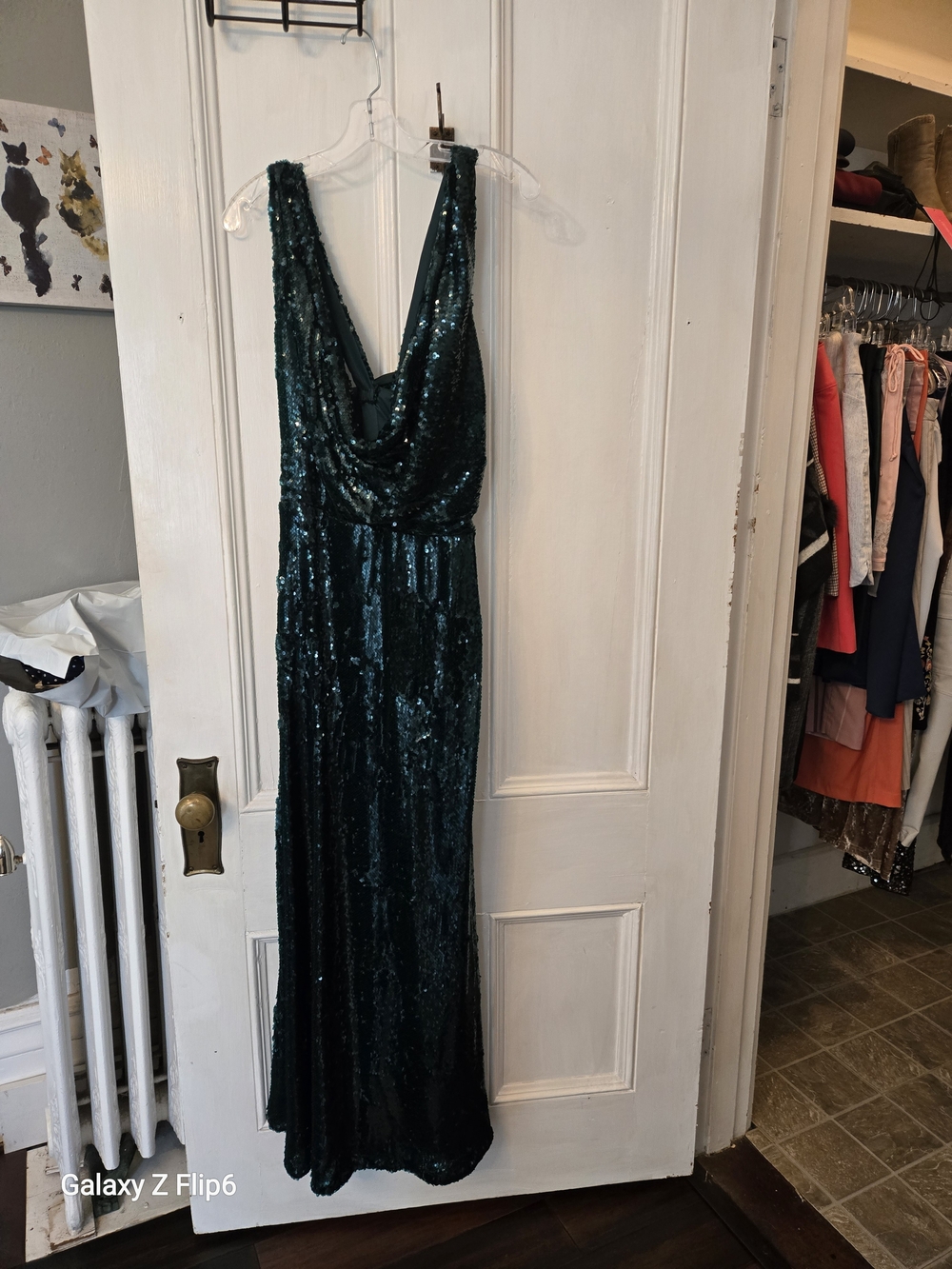 Halston Heritage Teal Sequin Draped V-Neck Gown